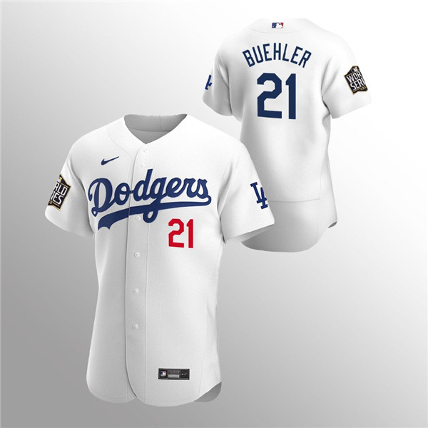Men's Los Angeles Dodgers White #21 Walker Buehler 2020 World Series Stitched MLB Jersey
